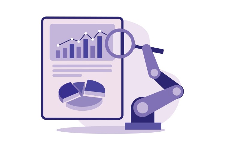 Business process automation statistics, a tool is holding a magnified glass over the business data.
