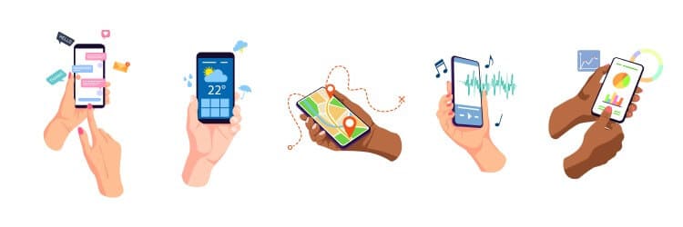 Vector image - hands holding phones, showing money making apps