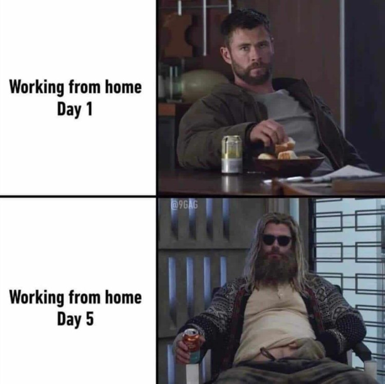 work from home memes, a picture of a decent man while working the first day versus a neglected man working the fifth day at home.