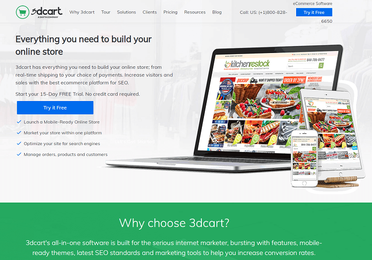 This is a screenshot of the homepage of 3DCart ecommerce platform.