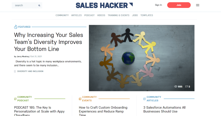 Business Sales Blog Sales Hacker home page with featured post on why increasing your sales team's diversity improves your bottom line.