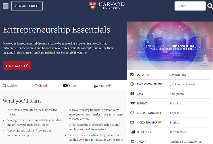 Entrepreneurship Essentials - Harvard Top Paid Online Entrepreneurship Courses