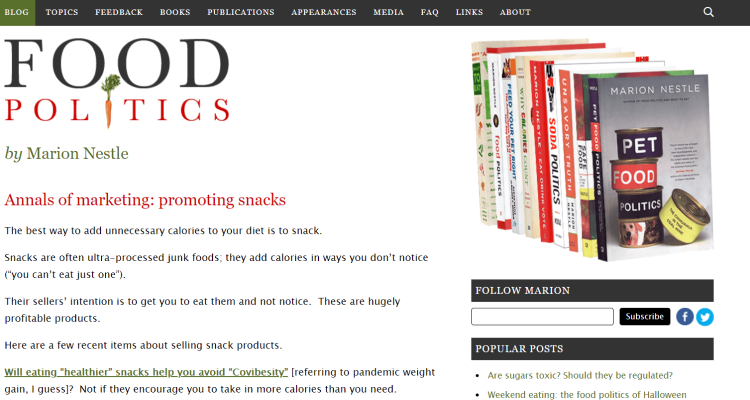 Health Policy Blog, Food Politics page offering books about food politics.