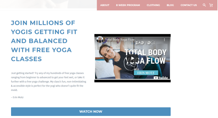 Yoga Blog for Beginners, Bad Yogi home page with call to action to join millions of yogis with free yoga classes.
