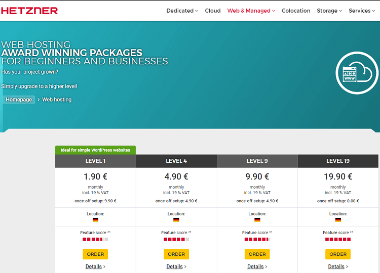 This is a screenshot of the homepage of Hetzner hosting provider.