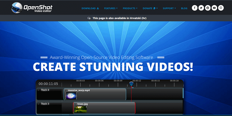 This is the homepage of OpenShot video editing software.
