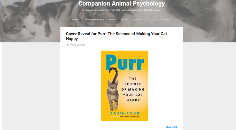 Pet Psychology Blog, Companion Animal Psychology home page offering to buy a book "The science of making your cat happy."