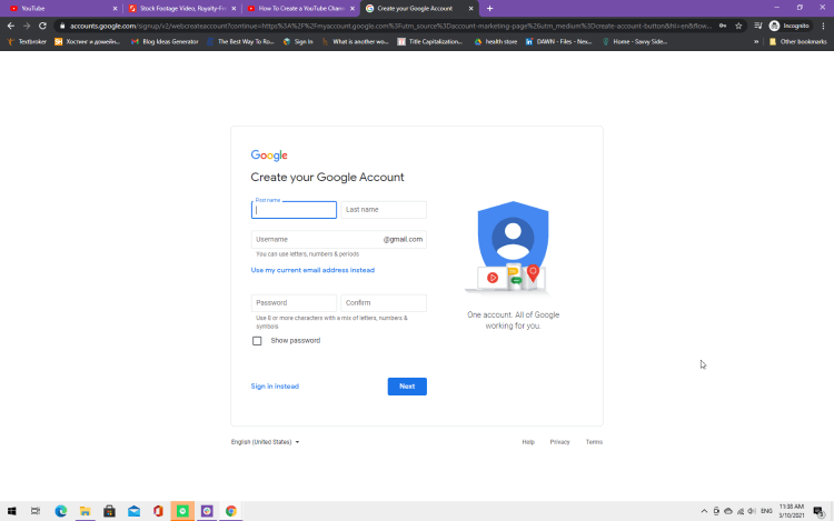 Screenshot showing how to set up a Google account
