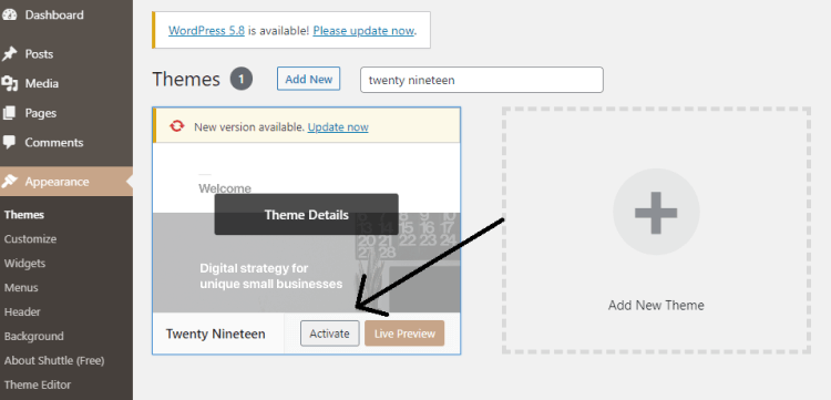 Screenshot showing how to activate WordPress Theme